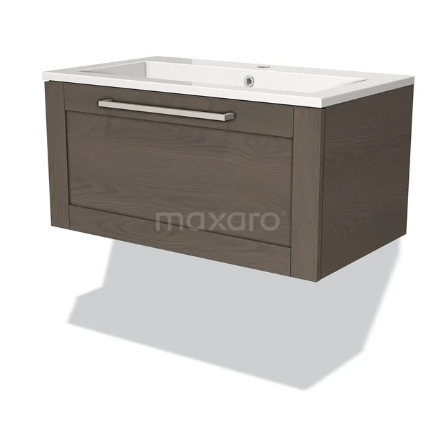 Wooden bathroom unit with drawers in walnut colour, white ceramic basin and sleek handle. Perfect for modern bathrooms.