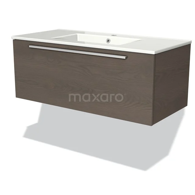 Houten badkamermeubel met zwevend design, lade en witte wastafel; modern en stijlvol voor een georganiseerde badkamer.