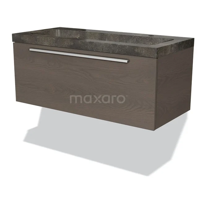 Houten badkamermeubel met donkergrijze wastafel, modern design, enkele lade en chroomkleurige handgreep.