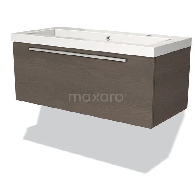 Houten wastafelonderkast met lade, walnootkleur, met witte keramische wastafel, modern design voor badkamer.