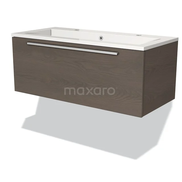 Moderne hangende badmeubel in houtlook met wit keramische wasbak, ideaal voor een stijlvolle badkamer inrichting.