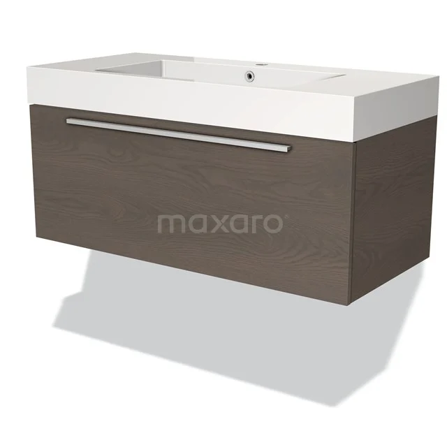 Wastafelmeubel houtlook met enkelladekast, glanzende witte wastafel en strak design, perfect voor een moderne badkamer.