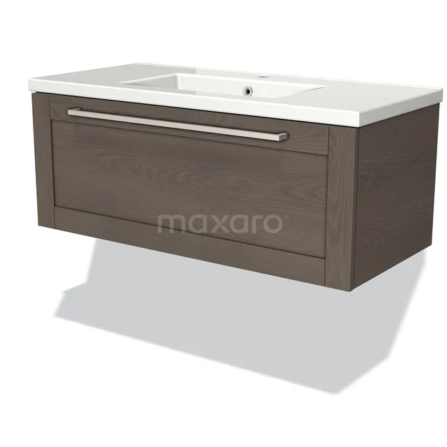 Wooden bathroom unit with drawers, oak look, integrated vanity units with basin and silver handle; modern design.