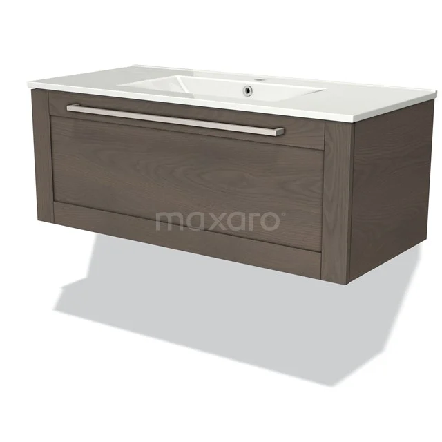 Modulo Bathroom furniture with sink | 100 cm Dark brown oak Frame front Ceramic 1 drawer BMW11-01994 Wooden bathroom unit with drawer, dark brown, floating design and white ceramic basin.