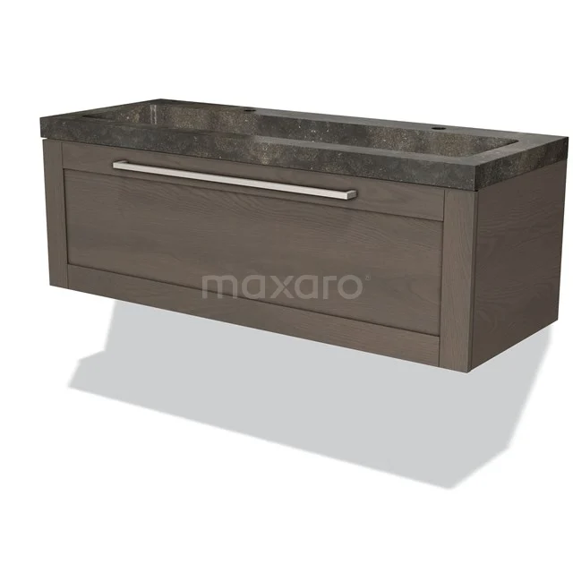 Floating wooden bathroom unit with drawers, dark brown, including natural stone basin worktop, modern design.
