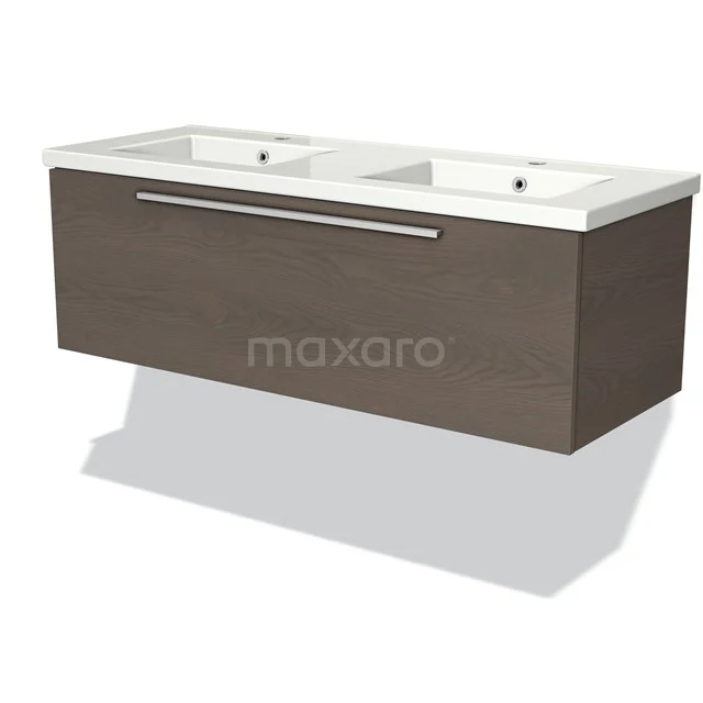 Modulo Bathroom furniture with sink | 120 cm Dark brown oak Flat front Ceramic 1 drawer BMW11-02022 Wooden vanity units with double basin in white, modern wall-mounted and metal handle.