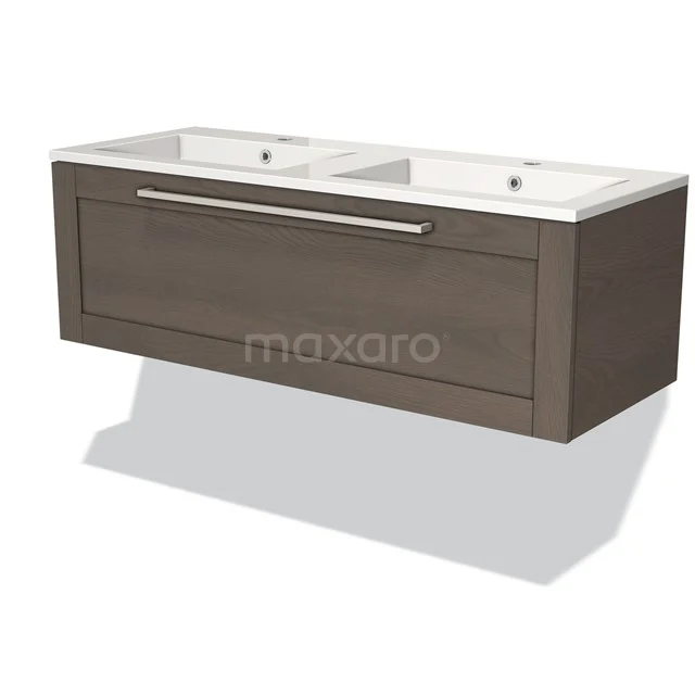 Double basin with vanity units with basin in wood look, brown, with sleek drawers and white ceramic worktop.