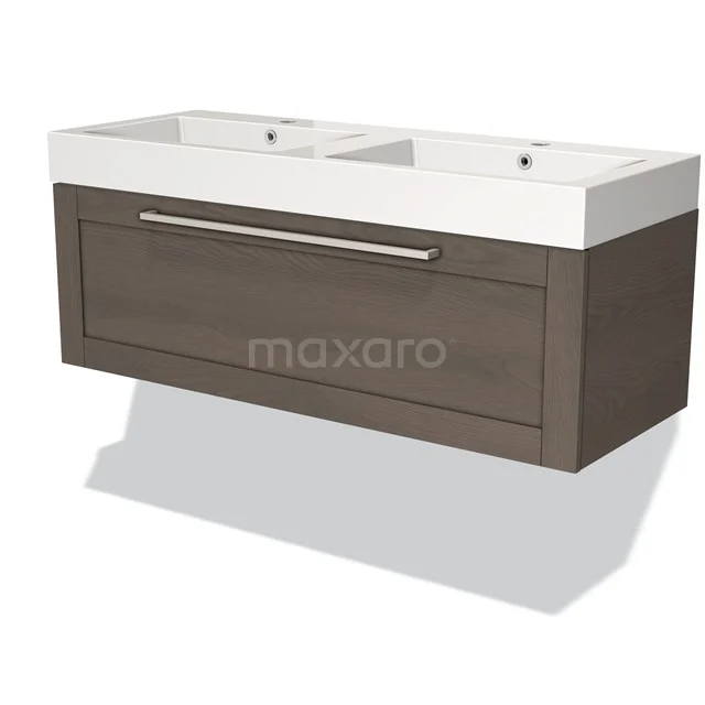 Modulo Waschtische | 120 cm Dunkelbraune Eiche Rahmen front Mineralguss 1 Schublade BMW11-02043 Holz Doppelwaschbeckenmöbel mit Schublade, rechteckiges Design und keramischen Waschbecken, ideal für ein modernes Badezimmer.