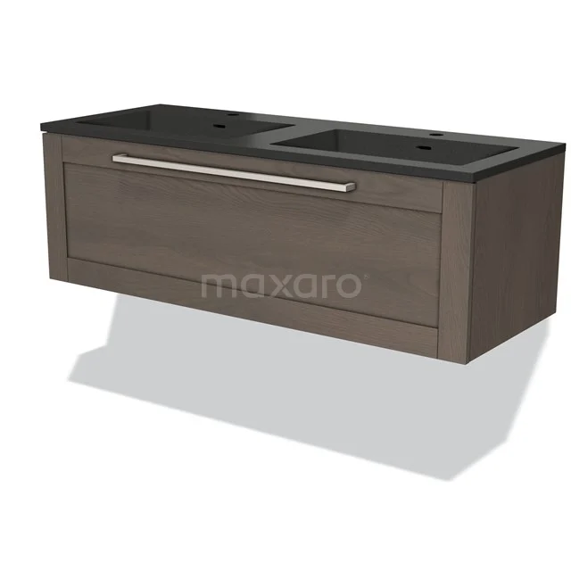 Modulo Waschtische | 120 cm Dunkelbraune Eiche Rahmen front Quarz 1 Schublade BMW11-02044 Holz Badezimmermöbel mit dunkelgrauem Waschbecken, doppeltem Waschbecken und chrom Haltegriff. Modernes Design, ideal für das Badezimmer.