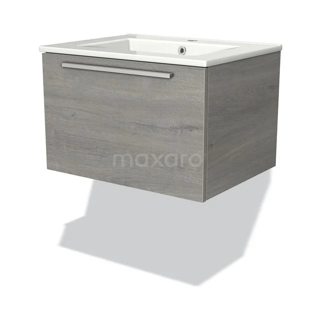 Grijs houten badkamermeubel met witte wastafel, minimalistisch design en brede lade voor praktische opbergruimte.