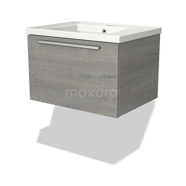 Grijze zwevende wastafelkast met houtmotief, geïntegreerde wastafel en chromen greep, ideaal voor moderne badkamers.