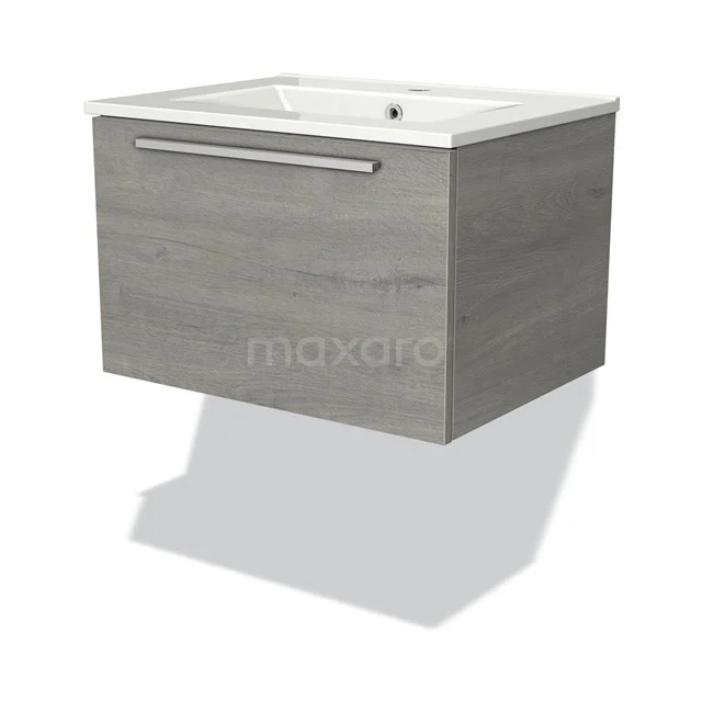 Grijze zwevende badkamerkast met lade, houtlook afwerking en keramische wastafel, ideaal voor moderne badkamerinrichting.