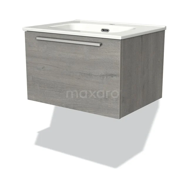 Compacte grijze badkamermeubel met houtlook, wandmontage, uit de Nordic-serie, inclusief witte keramische wastafel.
