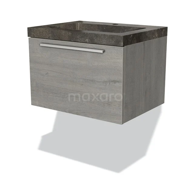 Graues Holz-Badmöbel mit integriertem Waschbecken, modernes Aussehen und hängendes Design.