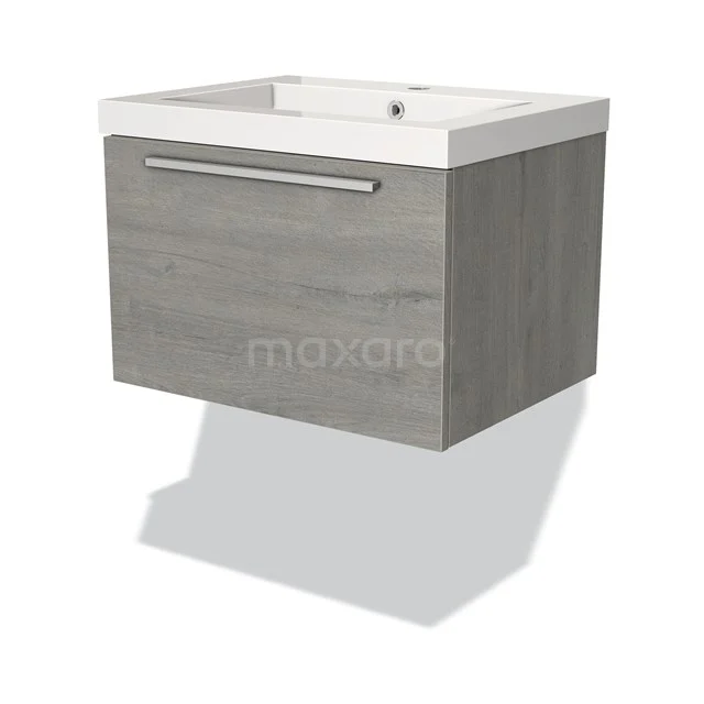 Hanging bathroom unit grey wood-look with drawers, integrated basin and chrome handle, modern design for the bathroom.