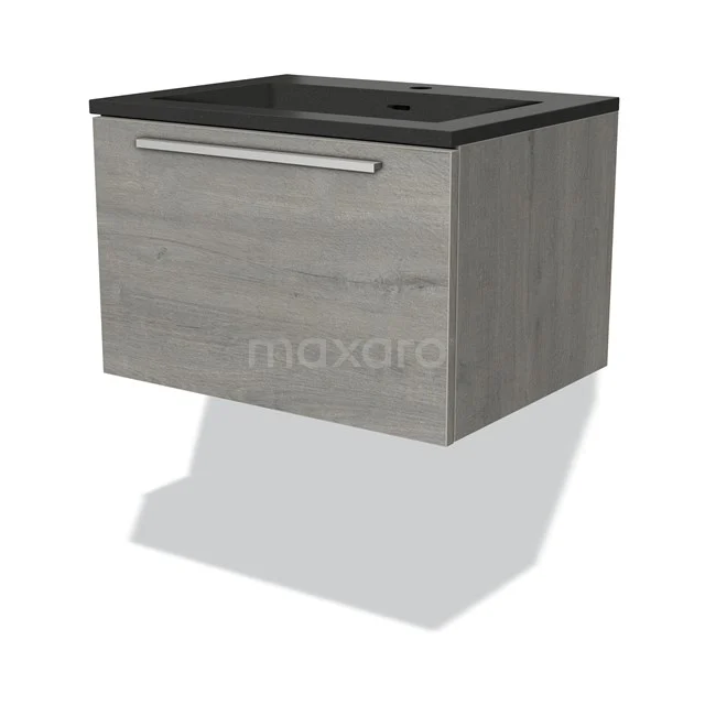 Grey wooden Bathroom unit with vanity units with basin in black, modern wall mounting and silver handle, ideal for compact bathrooms.