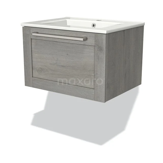 Modulo Bathroom furniture with sink | 60 cm Grey oak Bordered front Ceramic 1 drawer BMW11-02056 Grey wooden bathroom unit with white sink, modern wall-mounted drawer. Perfect for compact bathrooms.
