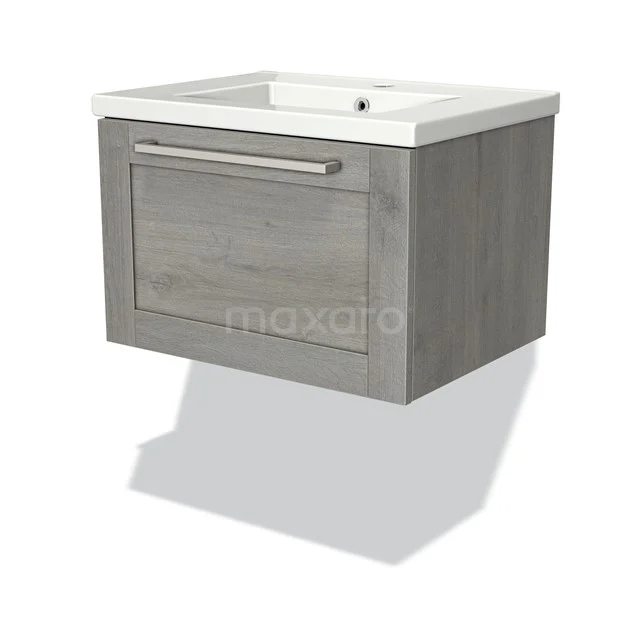 Grey floating bathroom cabinet with white ceramic basin, wood-look finish and metal Handle.