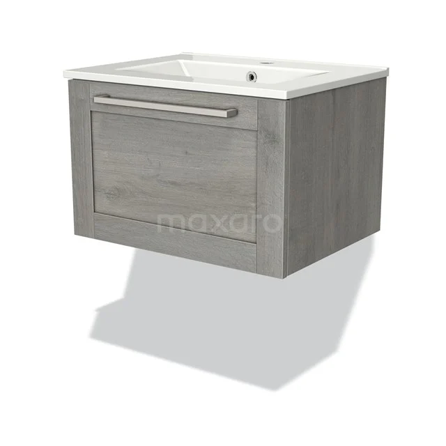 Grey oak vanity unit with integrated white ceramic sink, ideal for modern bathroom storage.