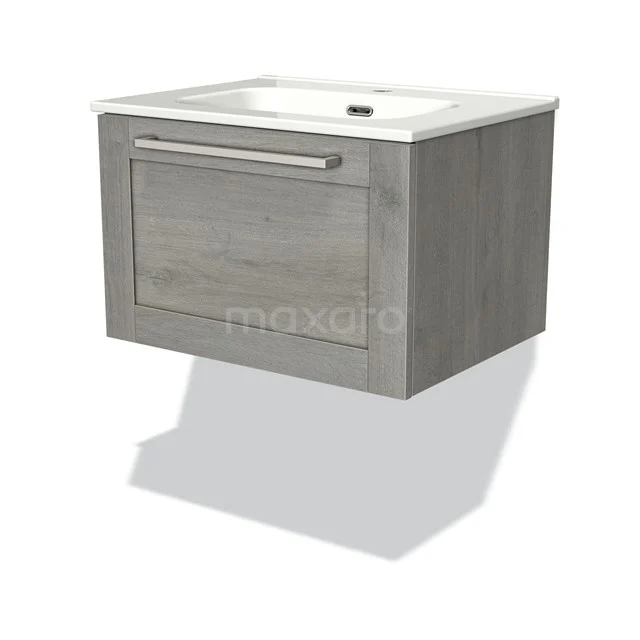 Modulo Bathroom furniture with sink | 60 cm Grey oak Bordered front Ceramic 1 drawer BMW11-02059 Grey wooden bathroom unit with white ceramic vanity units with basin, modern design and handy drawer for storage space.