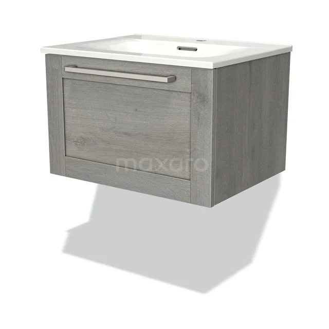 Grey wooden vanity unit with white ceramic basin, modern hanging design, perfect for a stylish bathroom.