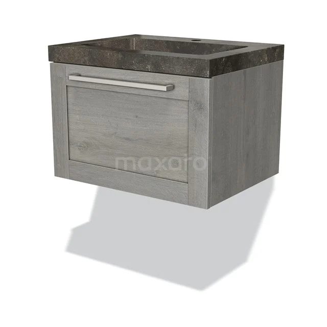 Modulo Bathroom furniture with sink | 60 cm Grey oak Bordered front Natural stone 1 drawer BMW11-02061 Grey wooden Bathroom unit with drawers, hanging design and dark basin; compact and stylish for modern bathrooms.