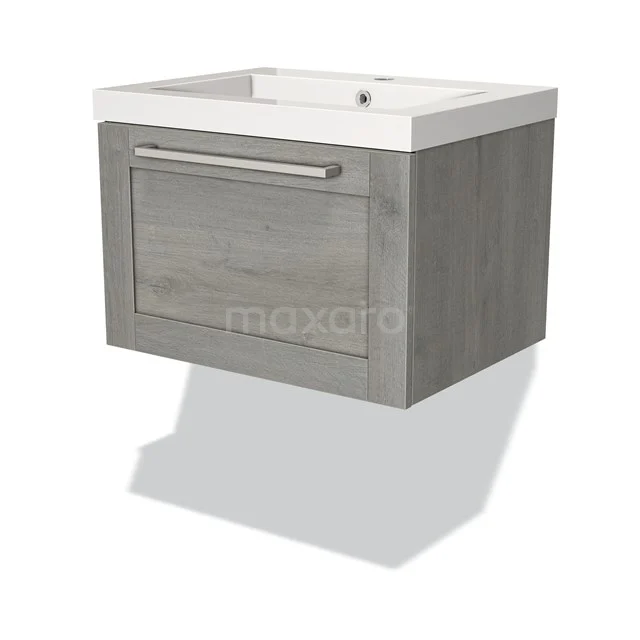 Modulo Bathroom furniture with sink | 60 cm Grey oak Bordered front Mineral marble 1 drawer BMW11-02063 Grey bathroom unit with wood-look, modern rectangular shape and white ceramic sink, ideal for small bathrooms.