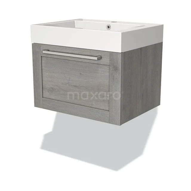 Grauer Holz-Badschrank mit Schublade, modernes Design, integriertes weißes Waschbecken. Perfekt für stilvolle Badezimmerlagerung.