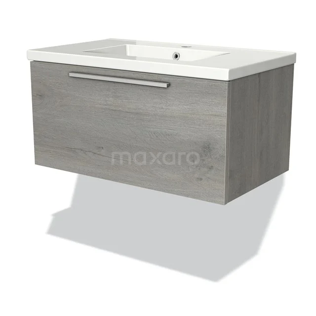 Wooden Bathroom unit with basin, grey oak finish and metal Handle, perfect for modern bathrooms.