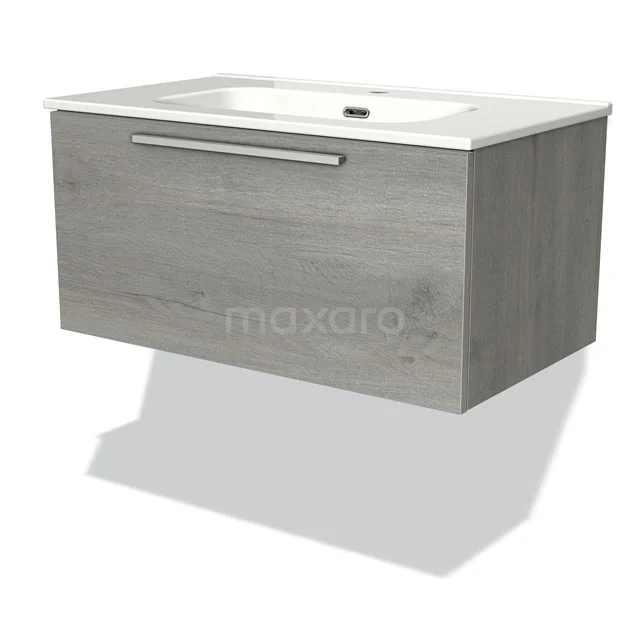 Wooden bathroom unit with grey finish, hanging model, integrated vanity units with basin and single drawer.