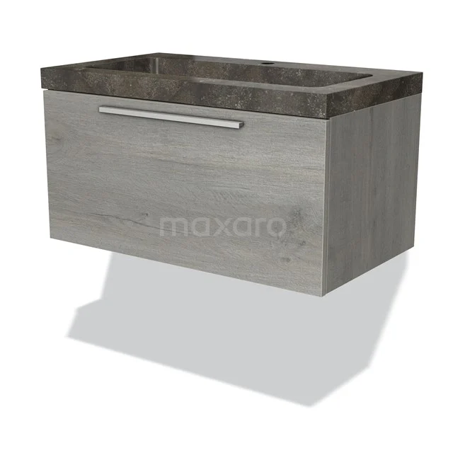 Grey wooden bathroom unit with natural stone-look basin, sleek design and metal handle for stylish bathroom design.