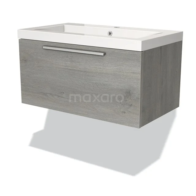 Grauer Holz-Waschbeckenunterschrank mit integrierter weißer Waschbecken, modernes Design, ideal für ein stilvolles Badezimmer.