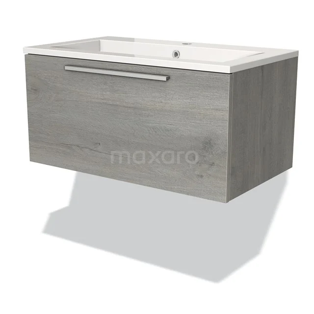 Hanging bathroom unit grey wood-look with integrated vanity units with basin, modern design and metal handle.