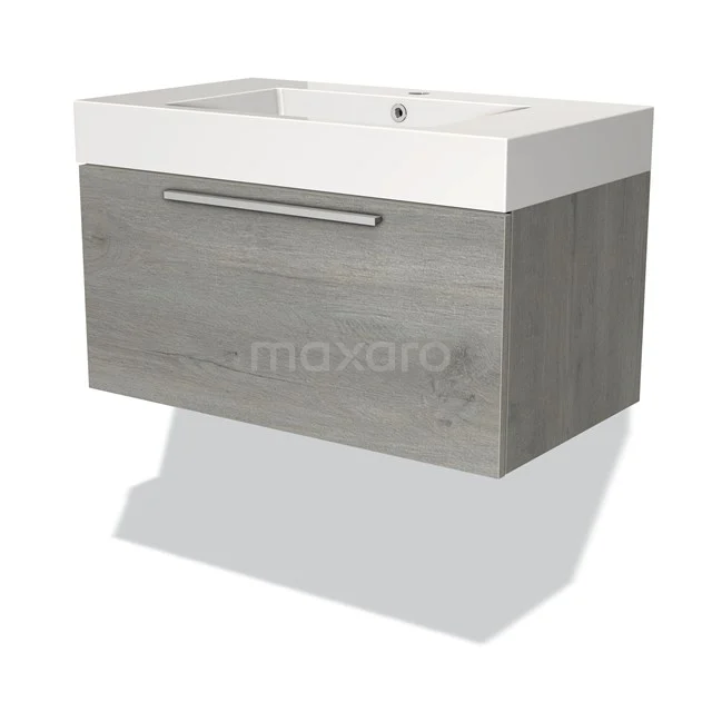 Wooden bathroom unit with grey oak look, integrated white vanity units with basin and metal Handle, modern design.