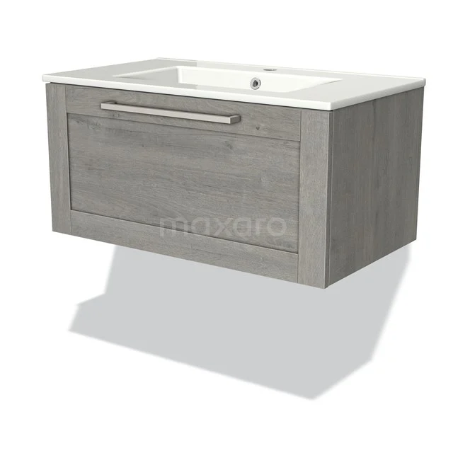 Grauer hängender Badschrank mit Holzoptik, integrierter weißer Waschbecken und metallischem Haltegriff. Modernes und platzsparendes Design.