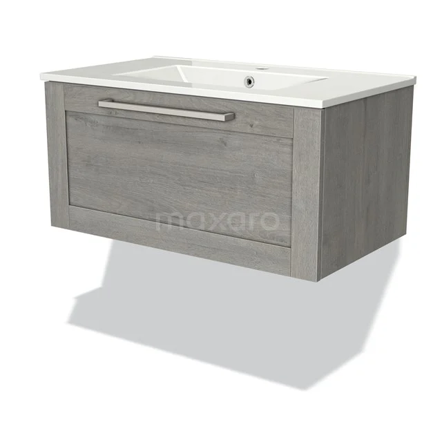 Graues hängendes Holz-Badezimmermöbel mit integriertem Waschbecken, inkl. Schublade mit metallischem Haltegriff.