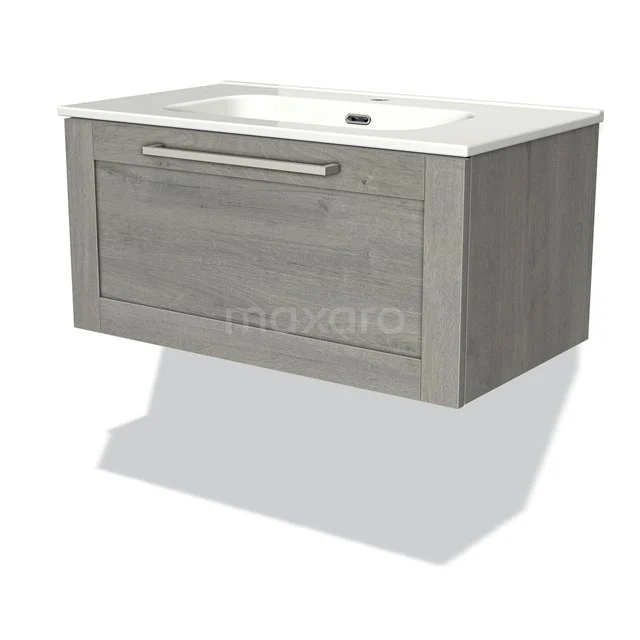 Hängendes Badmöbel graue Eiche, Metallhaltegriff, integriertes Waschbecken, modernes Design für stilvolle Bäder.