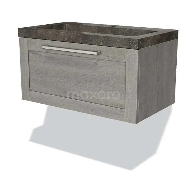 Grey bathroom cabinet with wood look, floating model, black stony basin, modern series for stylish bathrooms.