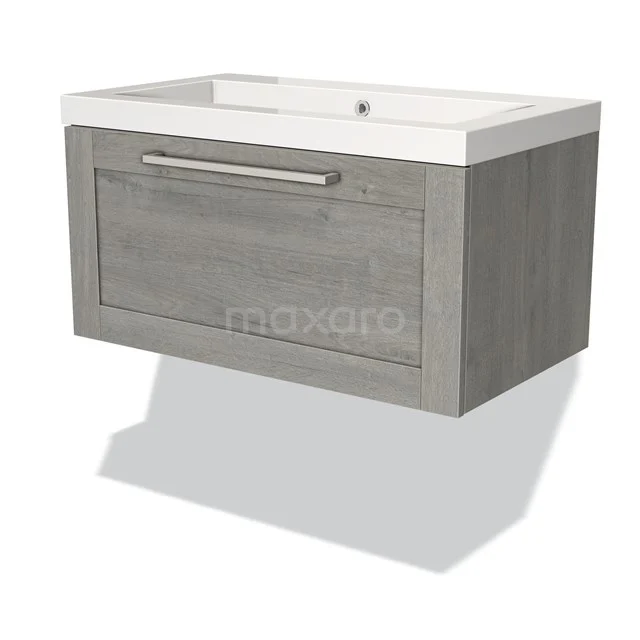 Grey wooden vanity set with white basin and storage drawer, ideal for modern bathroom design.