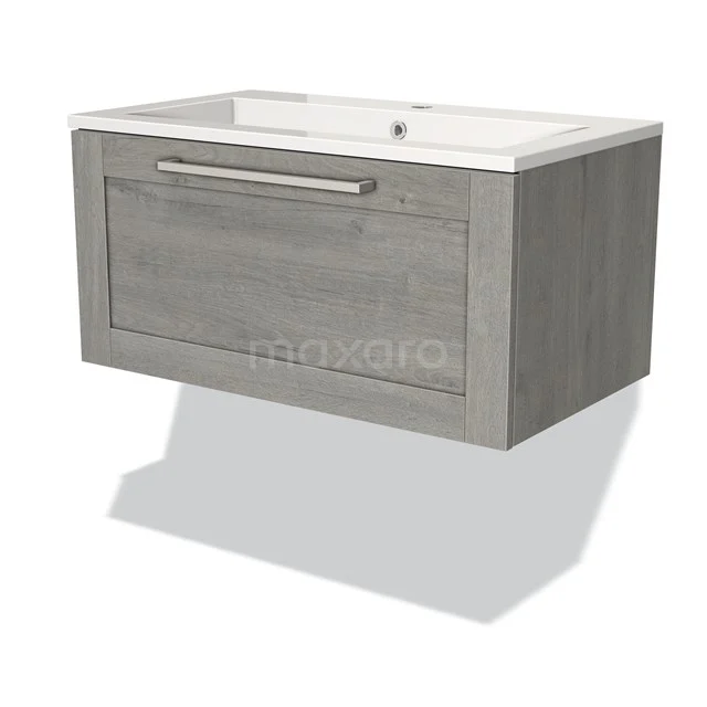 Grey hanging bathroom furniture set with white ceramic basin, wooden finish and metal Handle for modern bathrooms.