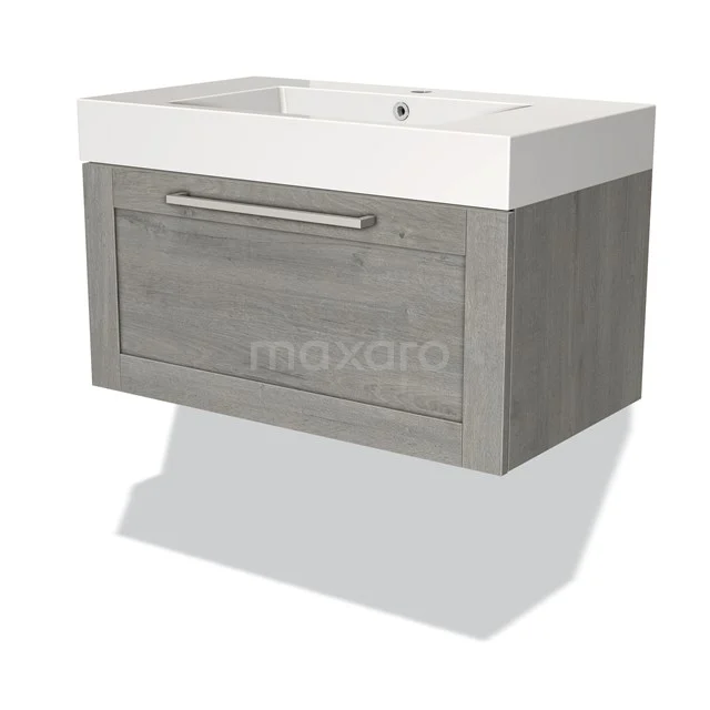 Grey wooden bathroom unit with white vanity units with basin, rectangular design, single drawer and modern handle.