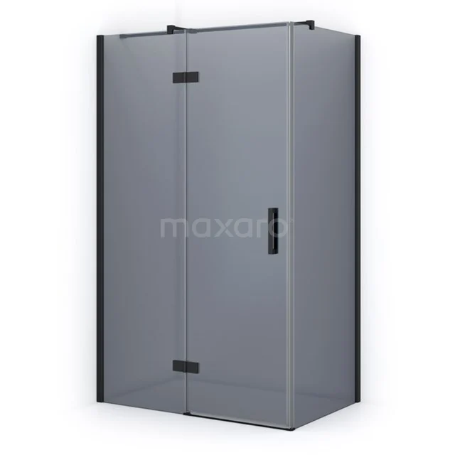 Black shower enclosure with clear safety glass and double-hinged doors, ideal for a modern bathroom design.