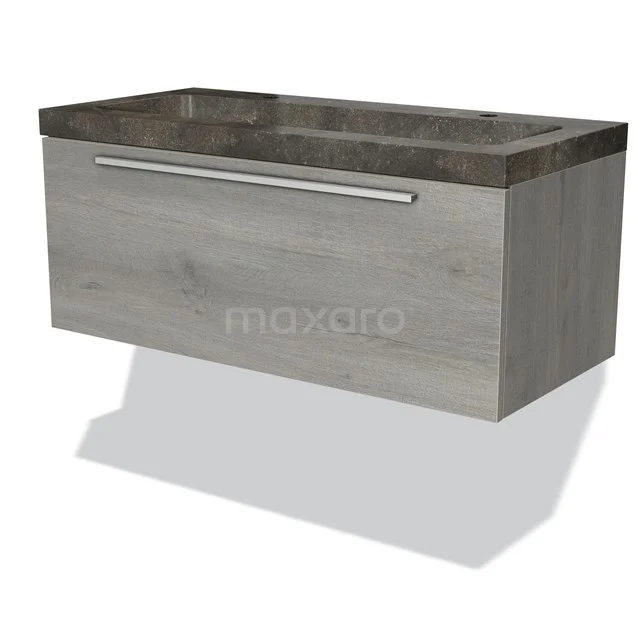 Hölzernes schwebendes Badezimmermöbel mit anthrazitfarbenem Waschbecken, Schublade mit silbernem Haltegriff, modernes Design für stilvolle Bäder.