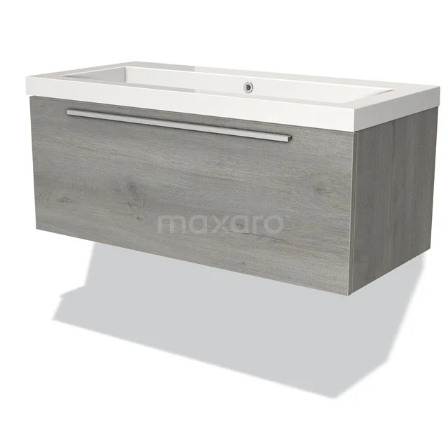 Modulo Bathroom furniture with sink | 100 cm Grey oak Flat front Mineral marble 1 drawer BMW11-02098 Wooden bathroom unit with grey finish, integrated white vanity units with basin and silver handle, sleek and modern design.