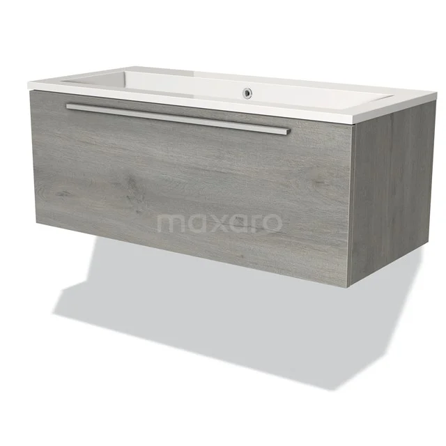 Graue Holz-Waschbeckenunterschrank mit weißem keramischen Waschbecken, schlankes Design und integrierter Haltegriff für moderne Bäder.