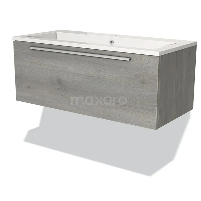 Holz-Waschbeckenunterschrank in grauer Eichenfarbe mit integriertem Waschbecken, ideal für ein modernes Badezimmer.