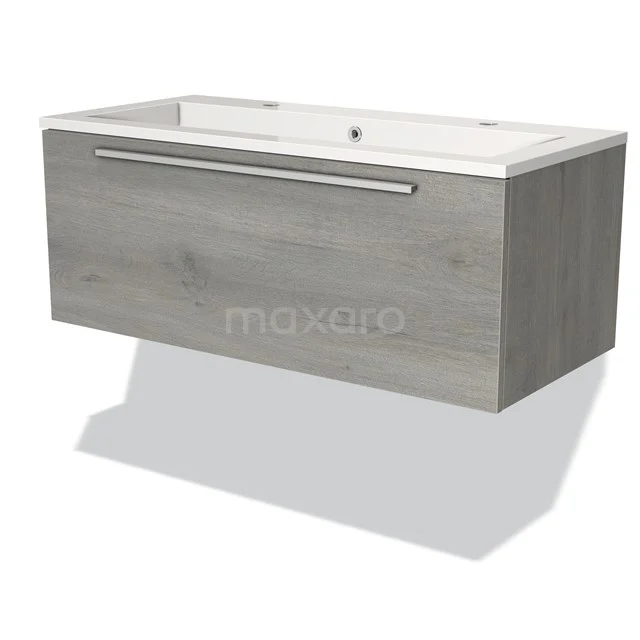 Holz-Badmöbel mit Waschbecken, graue Eiche Optik, eine Schublade mit Metallgriff, modernes Design für moderne Bäder.