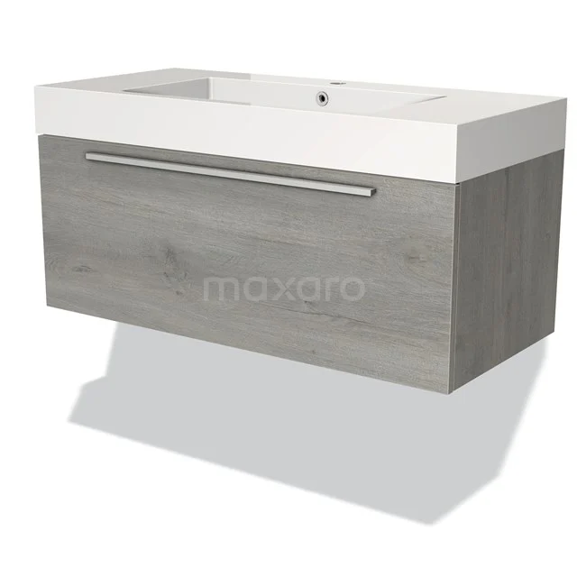 Graue Holz-Waschbeckenunterschrank mit weißem Waschbecken, modernes Design, metallene Haltegriff, perfekt für ein stilvolles Badezimmer.