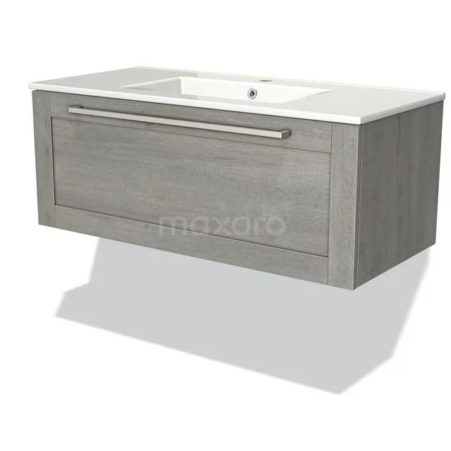 Grauer schwebender Badschrank mit Eiche-Look, integriertem Waschbecken und metallischem Haltegriff für moderne Badezimmergestaltung.