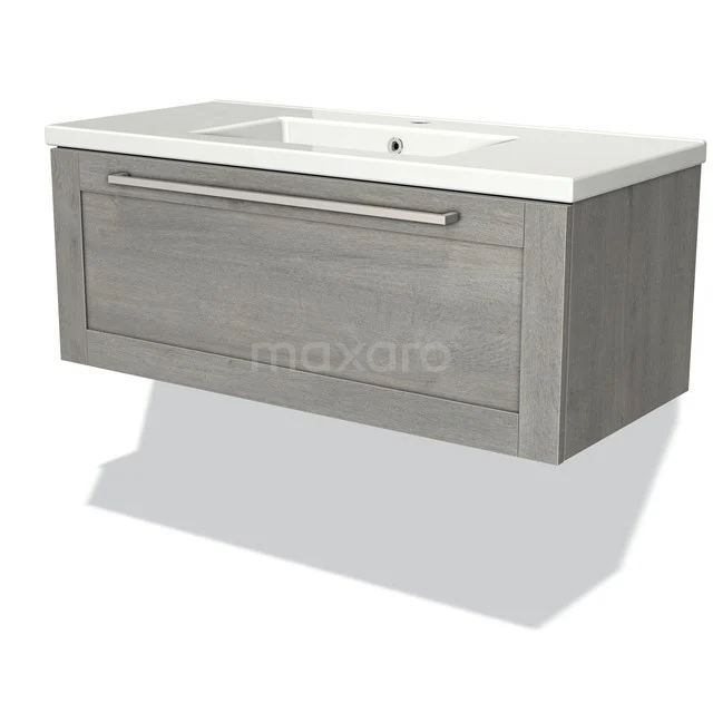 Wooden bathroom unit in grey oak look with integrated vanity units with basin, sleek finish and modern metal handle.